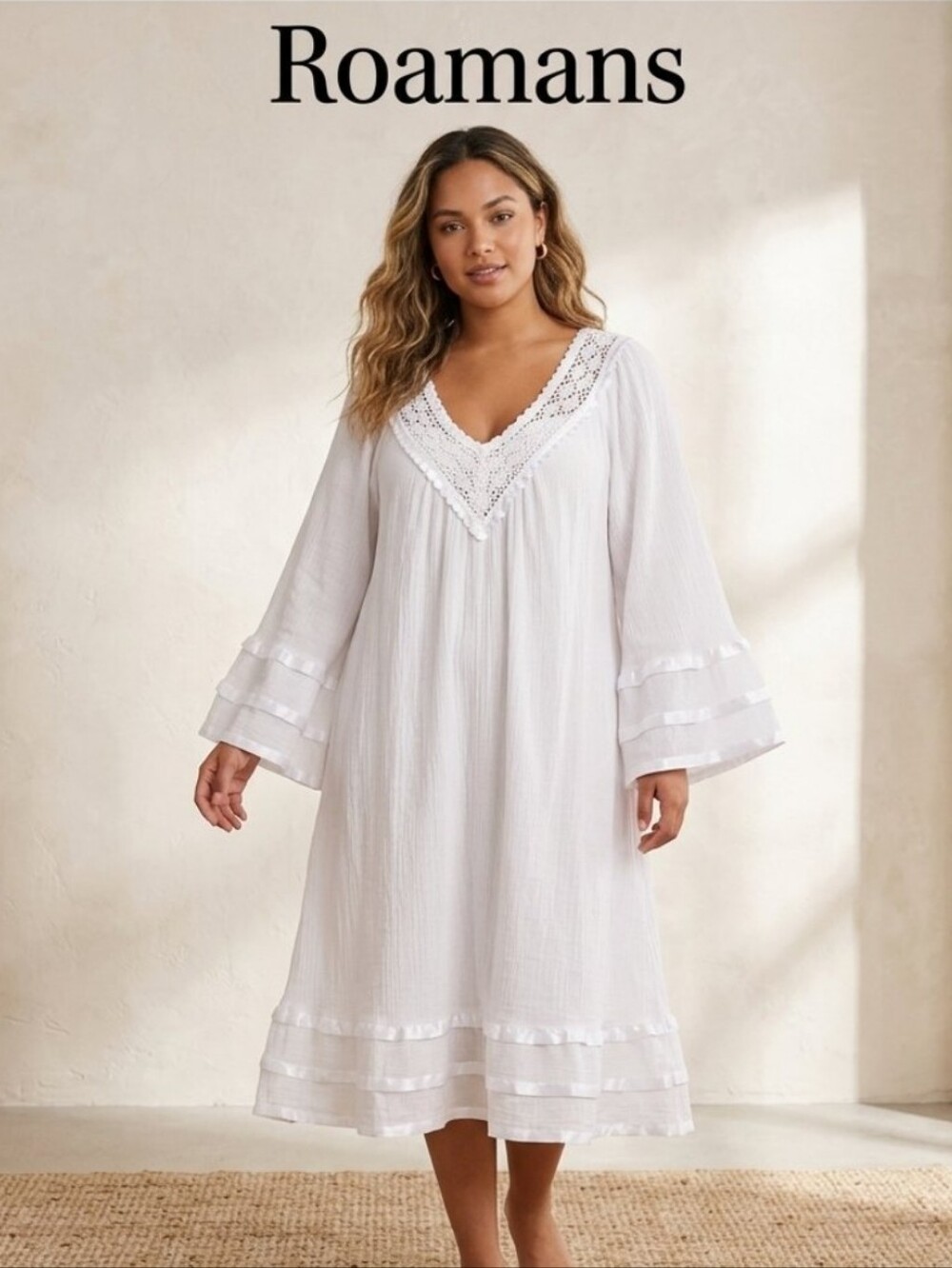 Roaman's Swim White Lace-Trim V-Neck 100% Cotton Crinkle Dress  Nightgown 4x